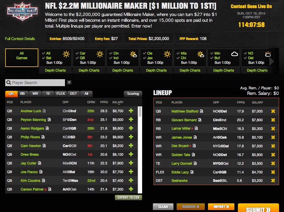 NFL Millionaire Maker Contest At DraftKings