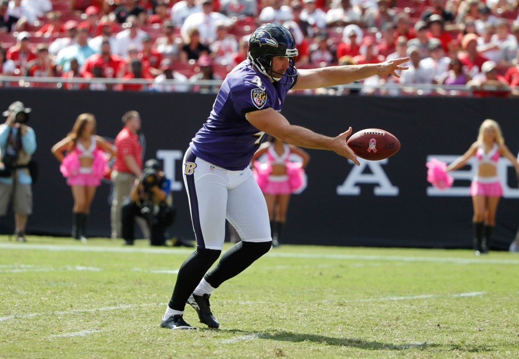 Ravens special teams consultant Sam Koch coaches up P Jordan Stout