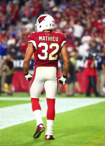 Oct 26, 2015; Glendale, AZ, USA; Arizona Cardinals safety Tyrann Mathieu (32) against the Baltimore Ravens at University of Phoenix Stadium. Mandatory Credit: Mark J. Rebilas-USA TODAY Sports