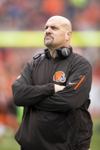 Dec 13, 2015; Cleveland, OH, USA; Cleveland Browns head coach Mike Pettine watches the video board during players introductions against the San Francisco 49ers at FirstEnergy Stadium. The Browns defeated the 49ers 24-10. Mandatory Credit: Scott R. Galvin-USA TODAY Sports