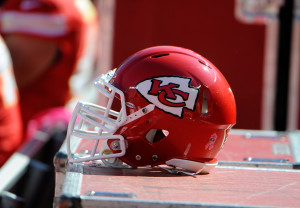 Oct 13, 2013; Kansas City, MO, USA; A Kansas City Chiefs helmet on the sidelines against the Oakland Raiders in the first half at Arrowhead Stadium. Kansas City won the game 24-7. Mandatory Credit: John Rieger-USA TODAY Sports