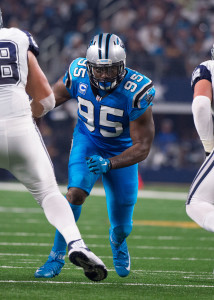 Nov 26, 2015; Arlington, TX, USA; Carolina Panthers defensive end Charles Johnson (95) during the game against the Dallas Cowboys on Thanksgiving at AT&T Stadium. The Panthers defeat the Cowboys 33-14. Mandatory Credit: Jerome Miron-USA TODAY Sports