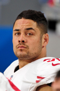 Sep 27, 2015; Glendale, AZ, USA; San Francisco 49ers running back Jarryd Hayne (38) looks on during the second half against the Arizona Cardinals at University of Phoenix Stadium. Mandatory Credit: Matt Kartozian-USA TODAY Sports