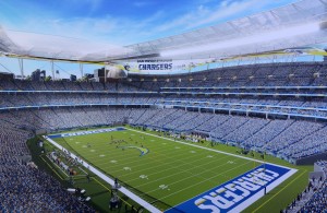 Apr 23, 2016; San Diego, CA, USA; General view of conceptual renderings of proposed San Diego Chargers downtown stadium and convention center expansion bounded by 12th and Imperial avenues and 16th and K streets adjacent to Petco Park. Mandatory Credit: Kirby Lee-USA TODAY Sports