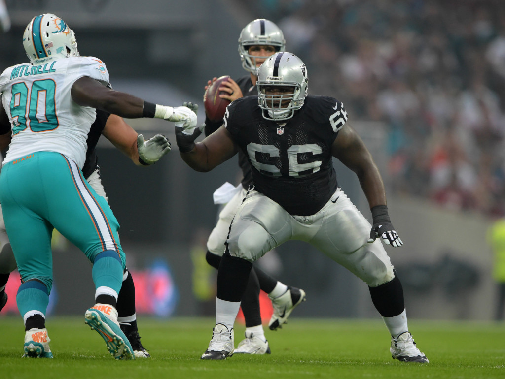 East Rutherford, New Jersey, USA. 24th Nov, 2019. Oakland Raiders offensive  guard Gabe Jackson (66) during a NFL game between the Oakland Raiders and  the New York Jets at MetLife Stadium in