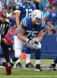 Sep 13, 2015; Orchard Park, NY, USA; Indianapolis Colts guard Jack Mewhort (75) against the Buffalo Bills at Ralph Wilson Stadium. Bills beat the Colts 27 to 14. Mandatory Credit: Timothy T. Ludwig-USA TODAY Sports