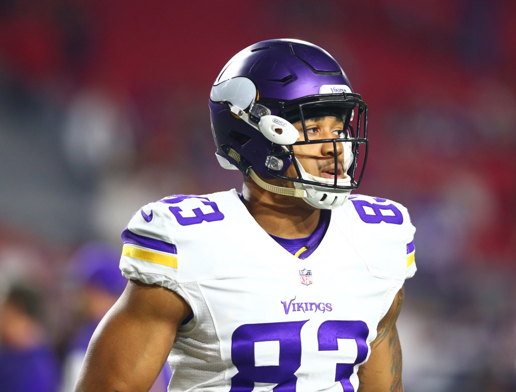 Dec 10, 2015; Glendale, AZ, USA; Minnesota Vikings tight end MyCole Pruitt (83) against the Arizona Cardinals at University of Phoenix Stadium. The Cardinals defeated the Vikings 23-20. Mandatory Credit: Mark J. Rebilas-USA TODAY Sports - Green Bay Packers