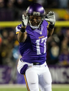Dec 27, 2015; Minneapolis, MN, USA; Minnesota Vikings wide receiver Jarius Wright (17) celebrates a first down during the second quarter against the New York Giants at TCF Bank Stadium. Mandatory Credit: Brace Hemmelgarn-USA TODAY Sports