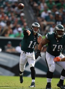 Sep 11, 2016; Philadelphia, PA, USA; Philadelphia Eagles quarterback Carson Wentz (11) passes in the fourth quarter agains the Cleveland Browns at Lincoln Financial Field. Philadelphia defeated Cleveland 29-10. Mandatory Credit: James Lang-USA TODAY Sports