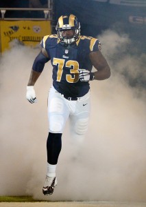 Sep 27, 2015; St. Louis, MO, USA; St. Louis Rams tackle Greg Robinson (73) is introduced before a game against the Pittsburgh Steelers at the Edward Jones Dome. Steelers defeated the Rams 12-6. Mandatory Credit: Jeff Curry-USA TODAY Sports