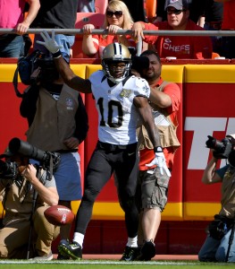 Oct 23, 2016; Kansas City, MO, USA; New Orleans Saints wide receiver Brandin Cooks (10) celebrates after scoring in during the first half against the Kansas City Chiefs at Arrowhead Stadium. Mandatory Credit: Denny Medley-USA TODAY Sports