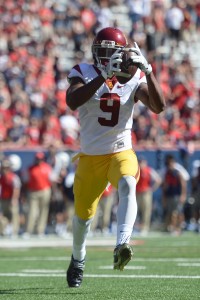 Oct 15, 2016; Tucson, AZ, USA; USC Trojans wide receiver JuJu Smith-Schuster (9) runs for a touchdown after making a catch against the Arizona Wildcats during the first half at Arizona Stadium. The Trojans won 48-14. Mandatory Credit: Joe Camporeale-USA TODAY Sports