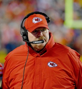 Dec 25, 2016; Kansas City, MO, USA; Kansas City Chiefs head coach Andy Reid walks on the sidelines during the first half against the Denver Broncos at Arrowhead Stadium. Mandatory Credit: Denny Medley-USA TODAY Sports