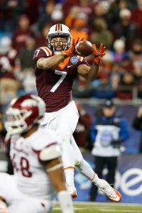 Dec 29, 2016; Charlotte, NC, USA; Virginia Tech Hokies tight end Bucky Hodges (7) catches a pass during the second quarter against the Arkansas Razorbacks during the Belk Bowl at Bank of America Stadium. Mandatory Credit: Jeremy Brevard-USA TODAY Sports