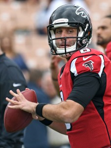 Dec 11, 2016; Los Angeles, CA, USA; Atlanta Falcons quarterback Matt Schaub (8) warms up before the game against the Los Angeles Rams at Los Angeles Memorial Coliseum. Mandatory Credit: Jayne Kamin-Oncea-USA TODAY Sports