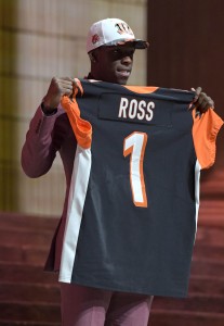 Apr 27, 2017; Philadelphia, PA, USA; Washington Huskies receiver John Ross poses after being selected as the number 9 overall pick by the Cincinnati Bengals in the first round the 2017 NFL Draft at the Philadelphia Museum of Art. Mandatory Credit: Kirby Lee-USA TODAY Sports