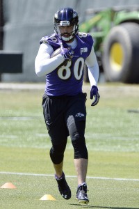 Jun 14, 2016; Baltimore, MD, USA; Baltimore Ravens tight end Crockett Gillmore (80) runs after the catch during the first day of minicamp sessions at Under Armour Performance Center. Mandatory Credit: Tommy Gilligan-USA TODAY Sports