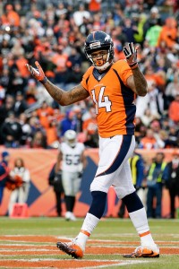 Jan 1, 2017; Denver, CO, USA; Denver Broncos wide receiver Cody Latimer (14) reacts after a play in the third quarter against the Oakland Raiders at Sports Authority Field at Mile High. Mandatory Credit: Isaiah J. Downing-USA TODAY Sports