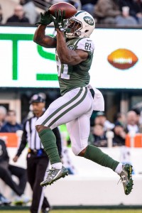 Jan 1, 2017; East Rutherford, NJ, USA; New York Jets wide receiver Quincy Enunwa (81) attempts to make a catch but drops the ball during the game against Buffalo Bills in the 3rd quarter at MetLife Stadium. Mandatory Credit: Dennis Schneidler-USA TODAY Sports