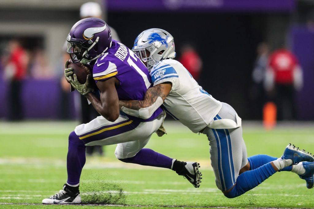 Detroit Lions cornerback Teez Tabor (30) lines up against the Minnesota  Vikings during an NFL football