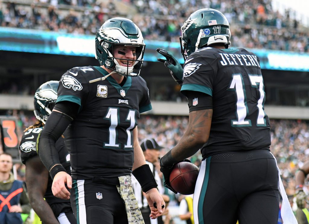 Eagles CARSON WENTZ celebrates with ALSHON JEFFERY - Gold Medal Impressions