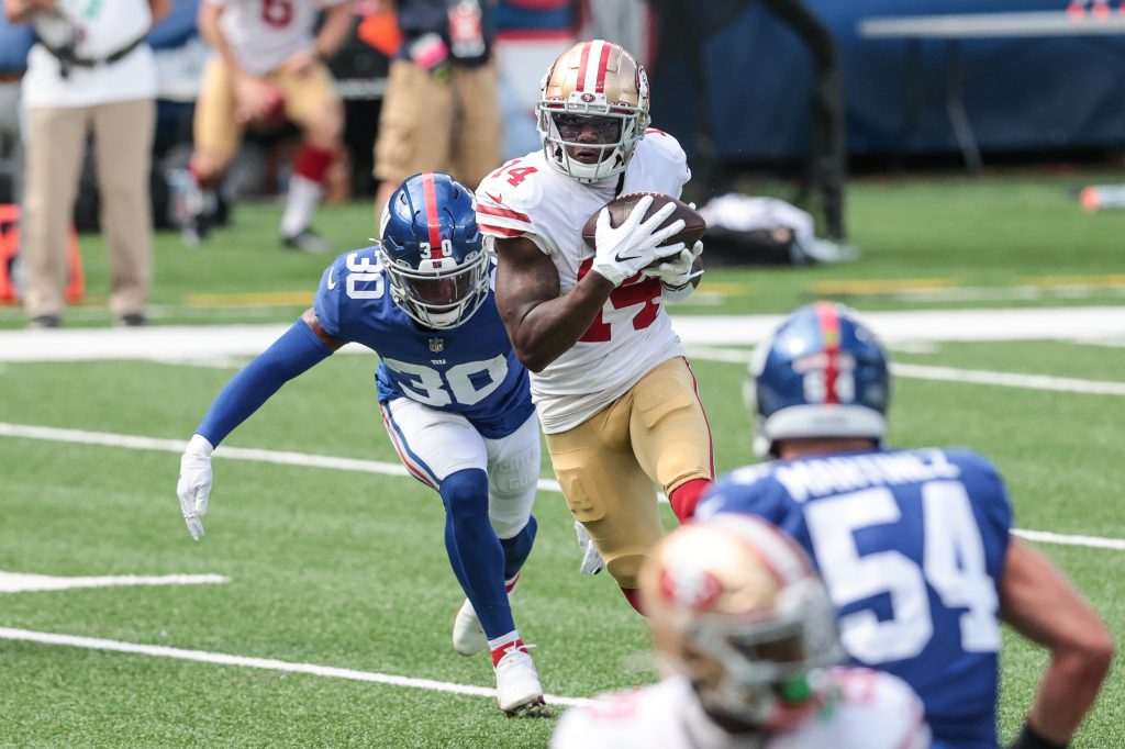 Santa Clara, California, USA. 7th Nov, 2021. San Francisco 49ers wide  receiver Mohamed Sanu (6) and wide receiver Brandon Aiyuk (11) celebrate  touchdown on Sunday, November 07, 2021, at Levis Stadium in