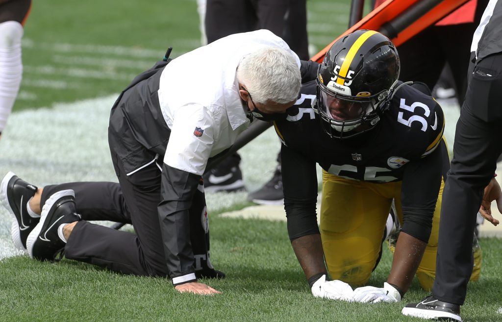 Pittsburgh Steelers linebacker Devin Bush (55) during an NFL football  training camp practice, Monday, Aug. 24, 2020, in Pittsburgh. (AP  Photo/Keith Srakocic Stock Photo - Alamy