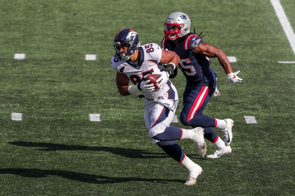 Denver, Colorado, USA. 26th Aug, 2023. Broncos TE ALBERT OKWUEGBUNAM leaps  over an attempted tackle during the 1st. Half at Empower Field at Mile High  Saturday night. Broncos beat the Rams 41-0