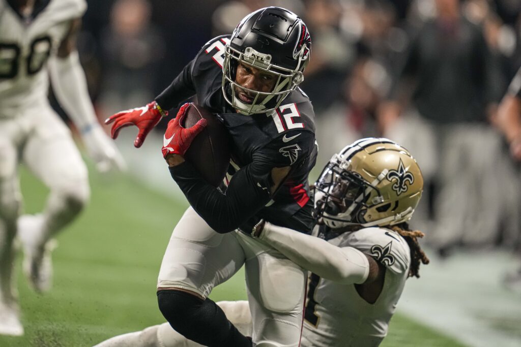 Atlanta Falcons wide receiver KhaDarel Hodge (12) works during the